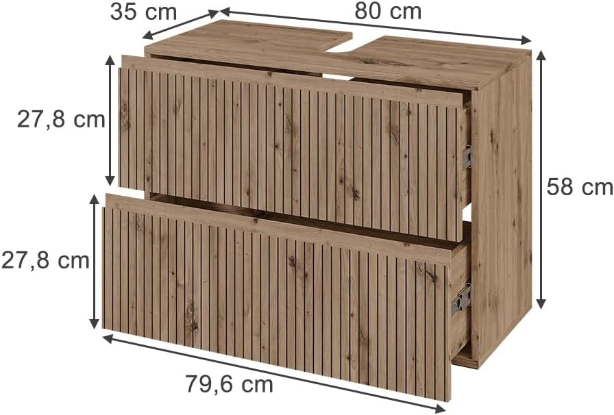 Mobile sottolavabo per bagno Takumi, Artigiano, 80 x 58 cm con 2 cassetti, per la conservazione e l'organizzazione degli accessori da bagno