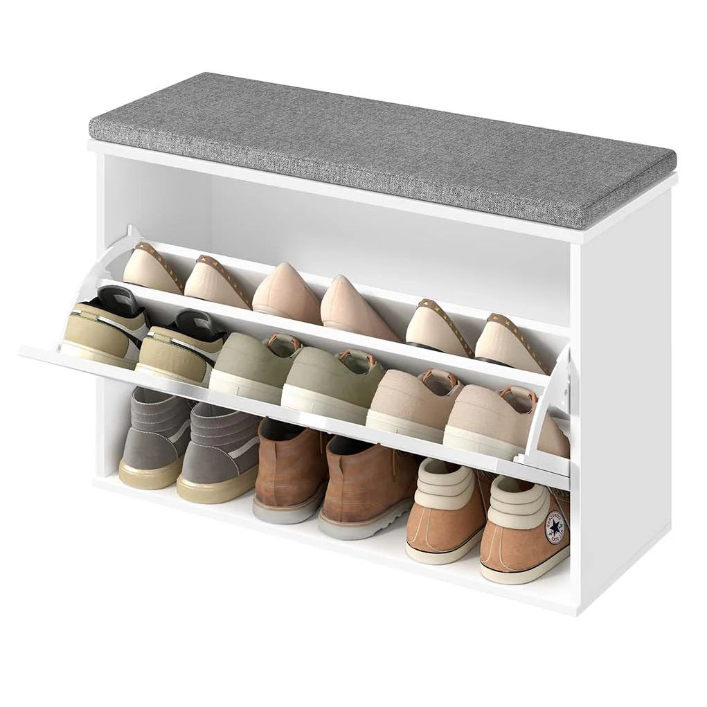 Panca portascarpe imbottita mobile da ingresso a 3 ripiani per 6 paia di scarpe cassetto a ribalta 30 x 60 x 535 cm per ingresso o camera da letto bianco 12_0008038