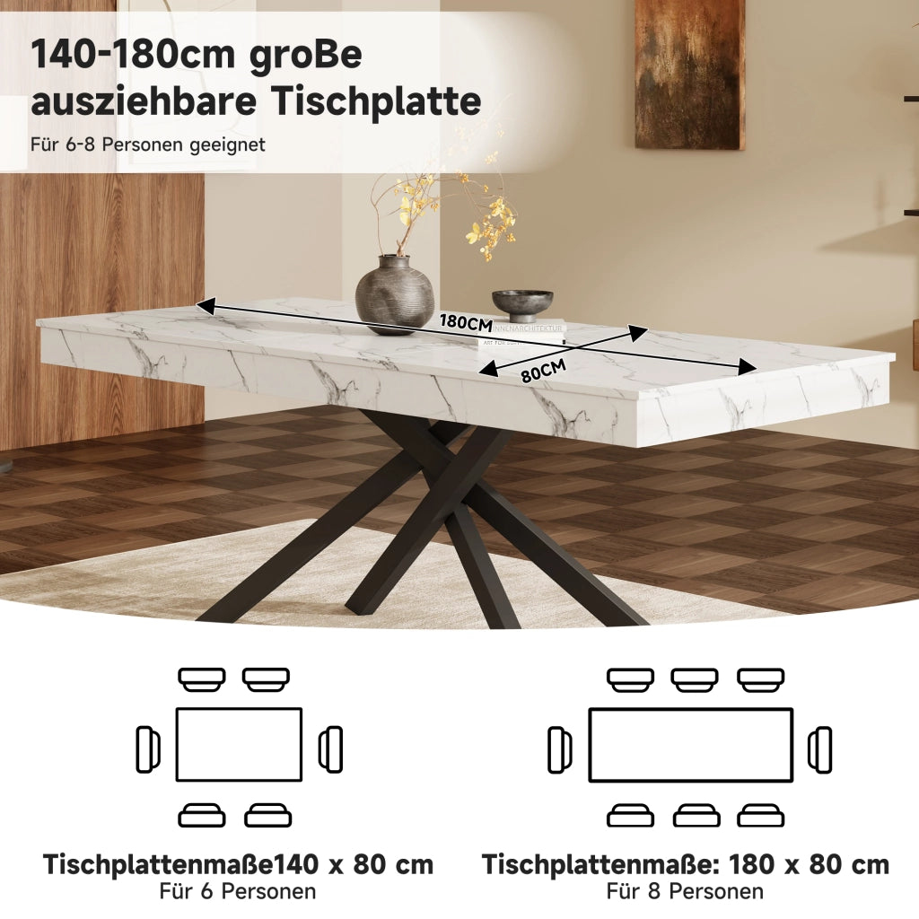 Tavolo allungabile per pranzo in MDF bianco con piano da 140 a 180 cm, gambe incrociate e design semplice