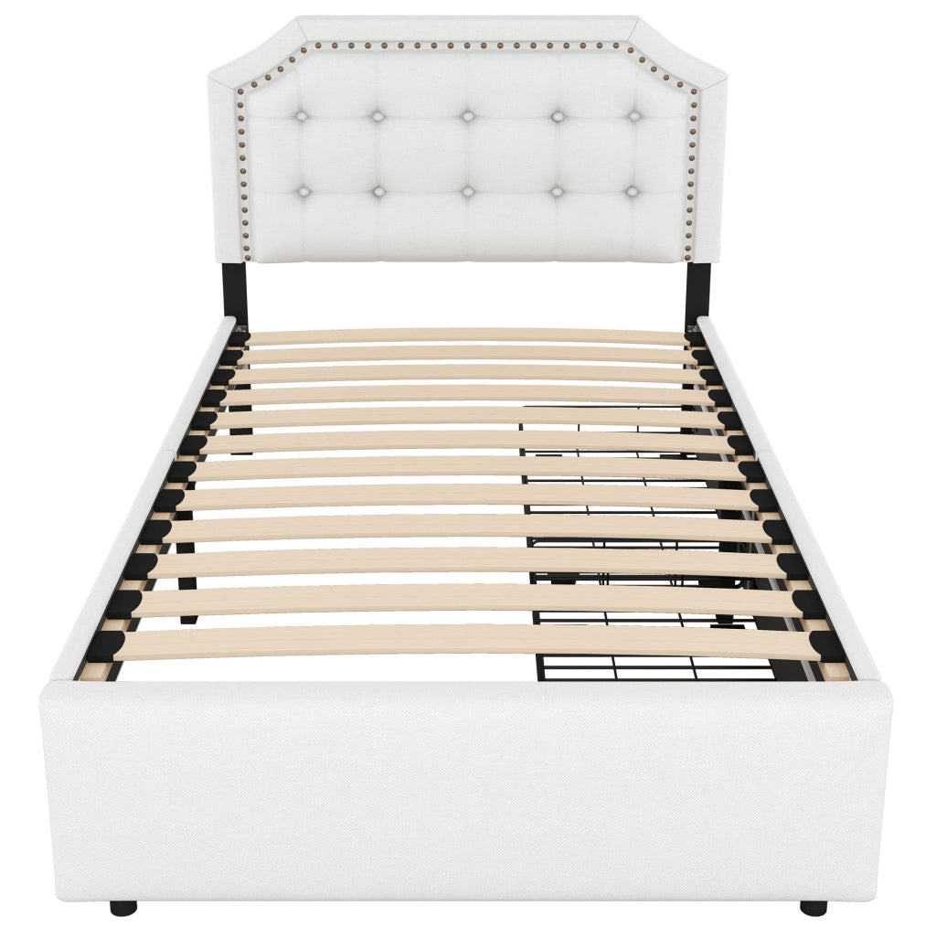 Letto imbottito 90x200 cm con 2 cassetti; testiera regolabile; in MDF e lino; beige chiaro