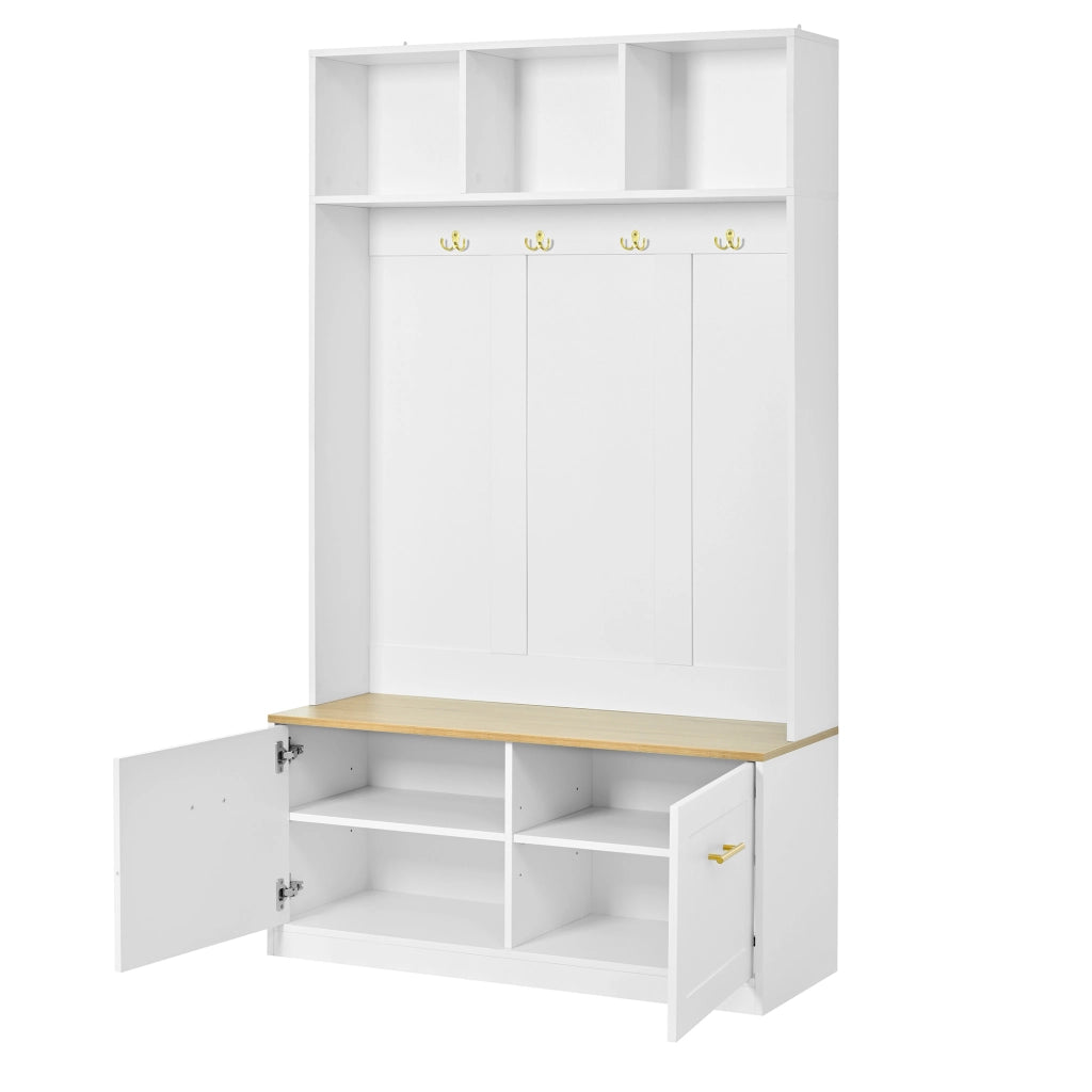 Guardaroba con Panca, Vano Aperto e 2 Ante ¨C MINIMAL ¨C Bianco/Naturale, 4 Ganci, 105x40x180 cm