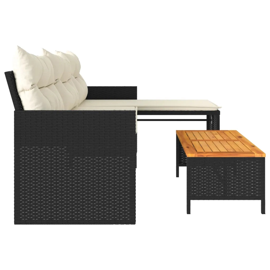 Divano da Giardino-Sofa da giardino con Tavolo e Cuscini a L Nero in Polyrattan