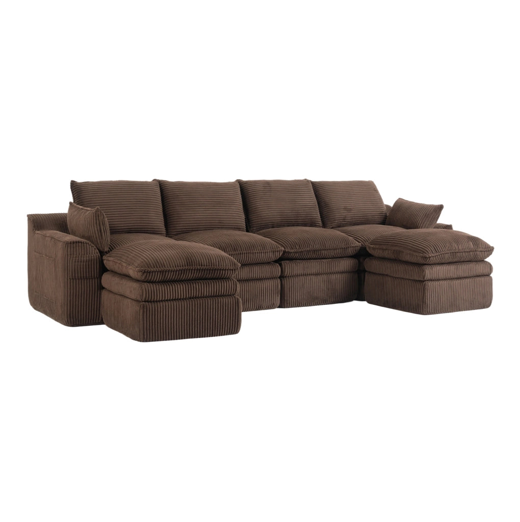 Divano modulare 4 posti in corduroy marrone; 335x167x85 cm; con 2 pouf e tasche laterali