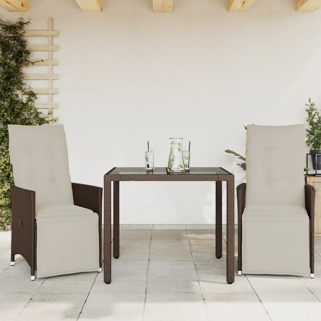 Set BistrÃ² da Giardino 3 pz con Cuscini in Polyrattan Marrone