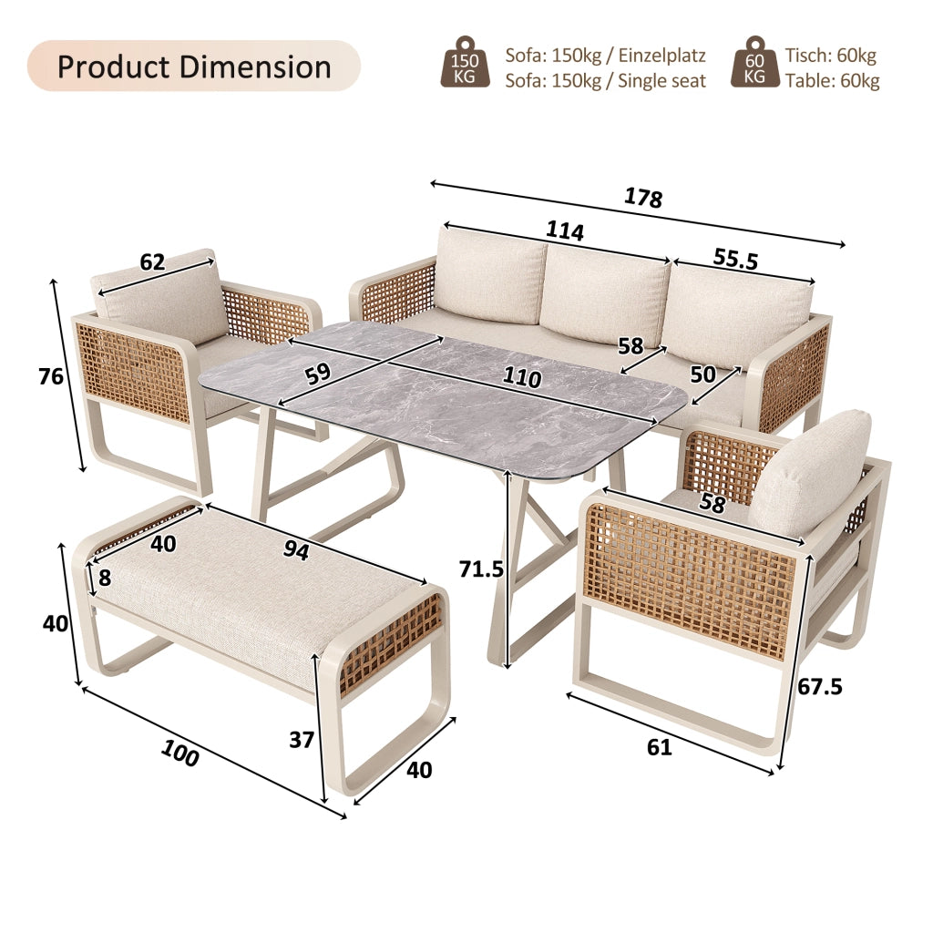 Salotto da Giardino con 2 Poltrone; 1 Divano 3 Posti; 1 Panca e 1 Tavolo; per 6-7 persone; Rattan PE; Ferro e Tessuto Impermeabile; Beige