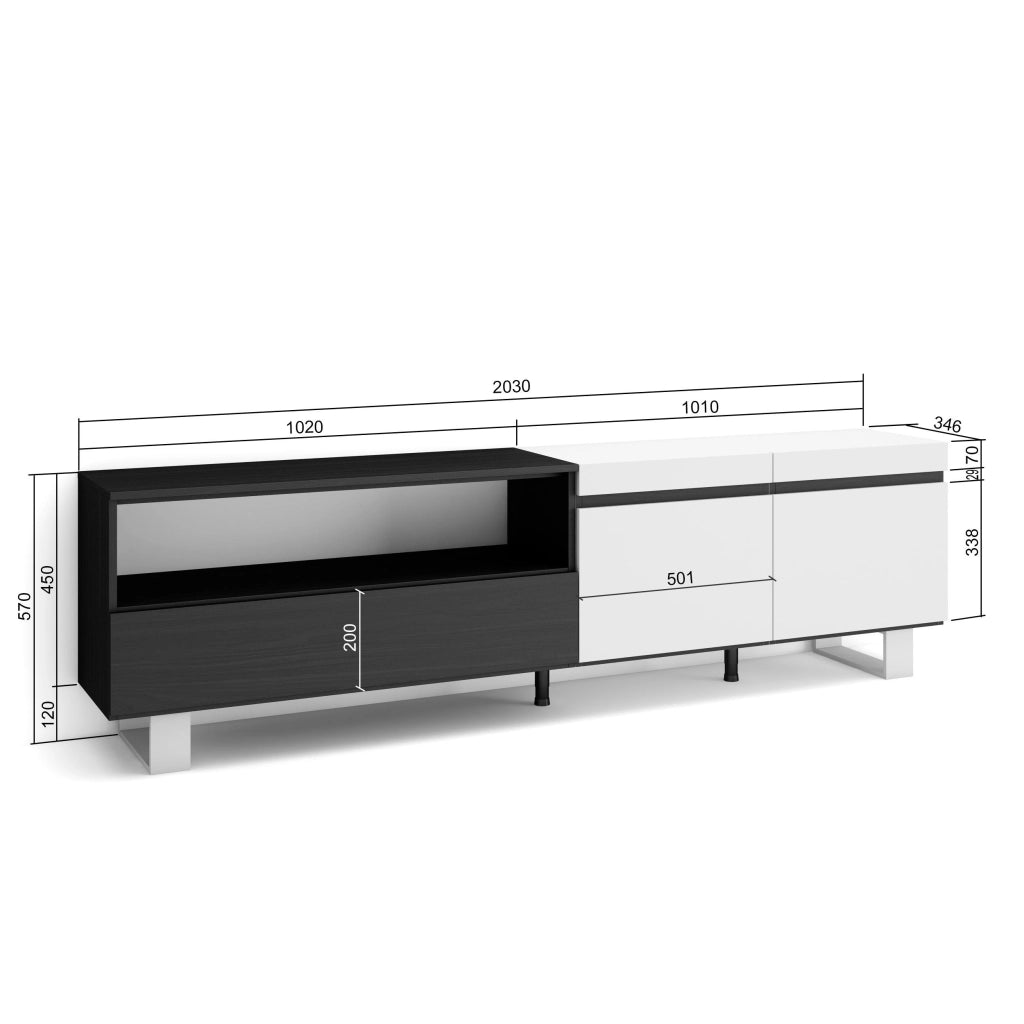 Mobile TV, 200x35x57cm, soggiorno, Per TV fino a 80", Design industriale, Bianco e nero RF2161