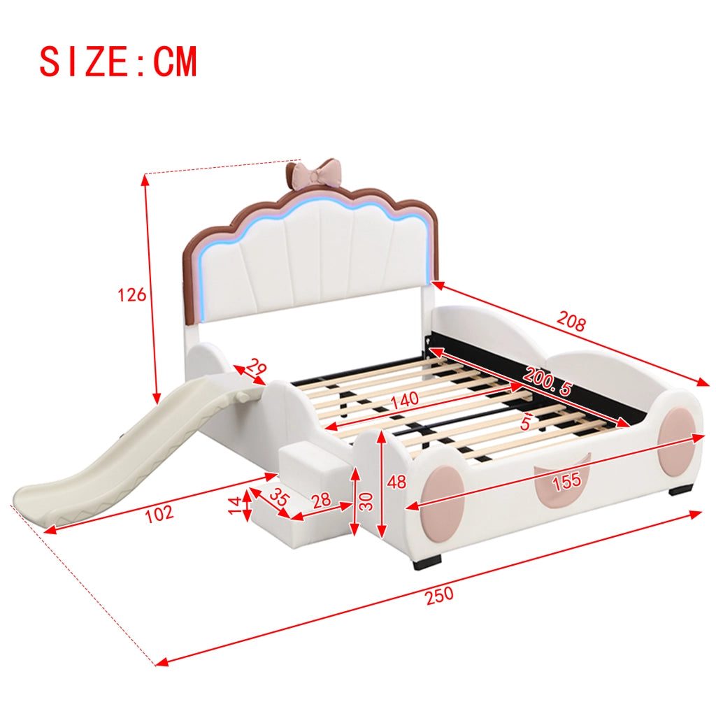 OKWISH Letto Bambini 140×200 cm, Letto Singolo con LED Multicolore, Scivolo e Scala, senza Materasso, in PU e MDF, Rosa e Bianco