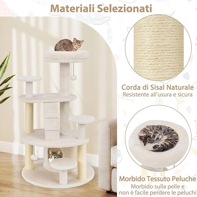 Albero per Gatti Adulti, Torre per Gatti Alta 101 cm con Condominio, Piattaforma Imbottita, Tiragraffi, Pallina di Peluche Pendente e Scala, Albero Tiragraffi in Legno per Interno (Bianco)