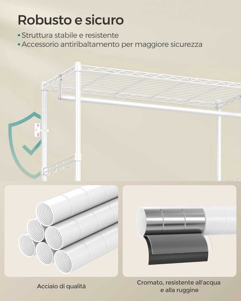 Armadio, Guardaroba in Metallo con Ripiani a Rete, 2 Cassetti in Tessuto, Barra Appendiabiti e Ganci, Stand Appendiabiti, Bianco Nuvola e Grigio Tortora LGR411W01