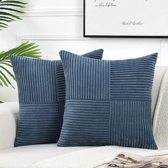 2 copie di coprifuoco decorativi per divano da letto, stile rustico boho per la decorazione di casa, tessuto corduroy morbido con patchwork a quadri (30x50 cm) - Blu denim