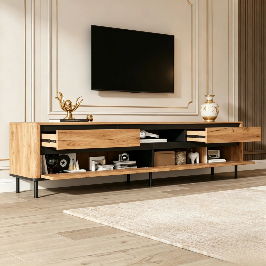 Mobile porta TV con 2 cassetti, 2 ante e passacavi, per soggiorno, in MDF e metallo, nero e naturale, 180 × 40 × 52 cm