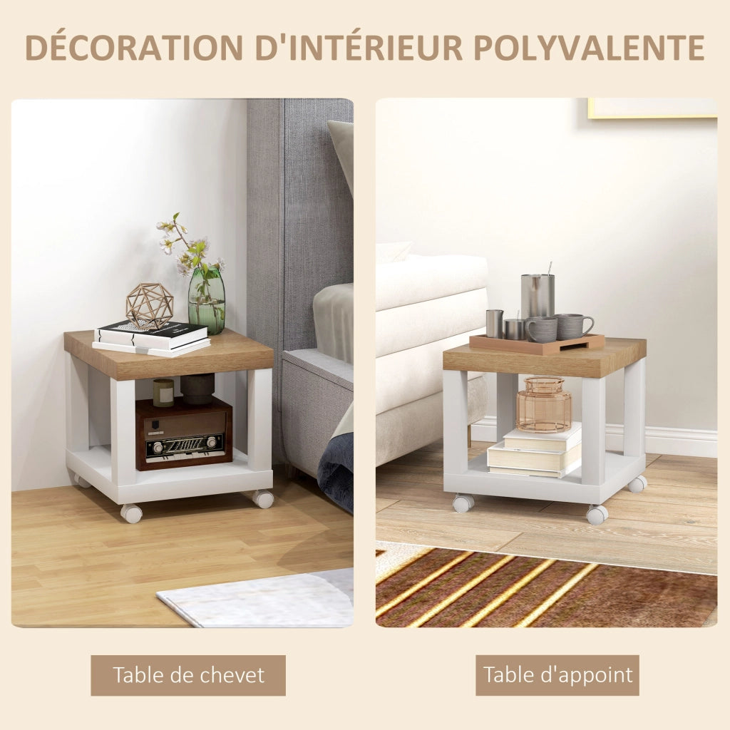 Tavolino moderno con ripiano aperto e ruote ¨C zephmum ¨C 40x40x40 cm bianco legno naturale