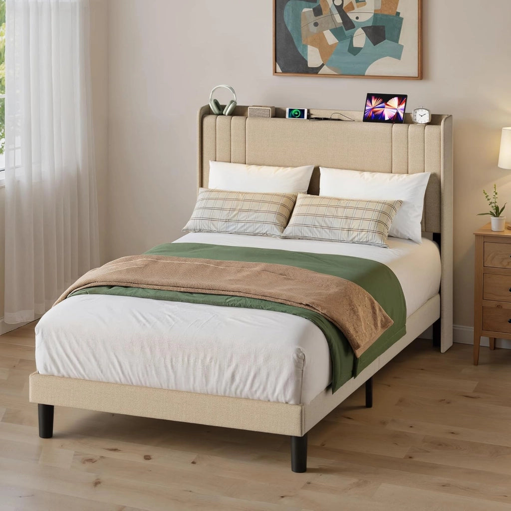 Letto imbottito con luce LED 120 x 200 cm，Piattaforma Struttura letto (2 Prese CA 2 Porte USB), Per le camere degli ospiti e le camere da letto (Beige, 120 x 200 cm)