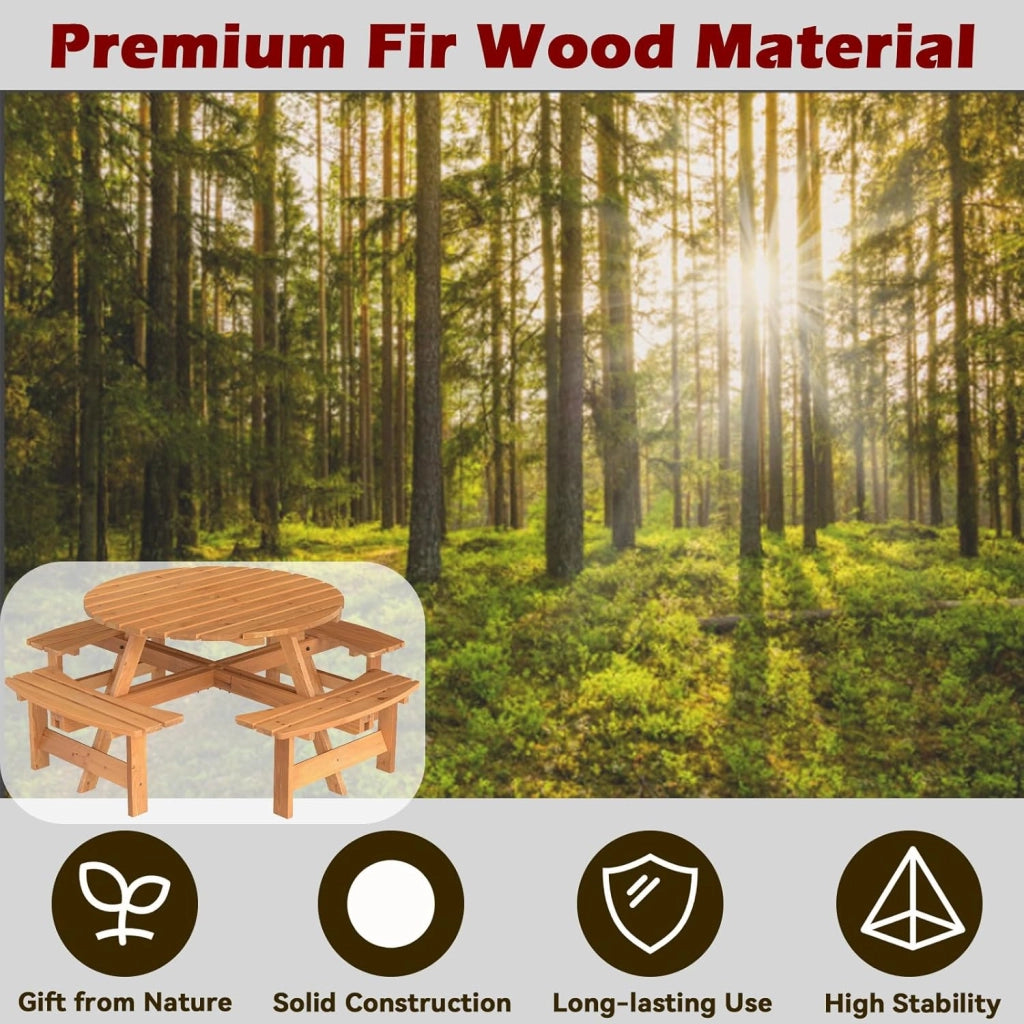 Set da Giardino per 8 Persone in Legno di Abete, Tavolo con Sedie Integrato e Foro per Ombrellone, Mobili da Esterno per Terrazza, Cortile e Pic-Nic, 178 x 70 cm