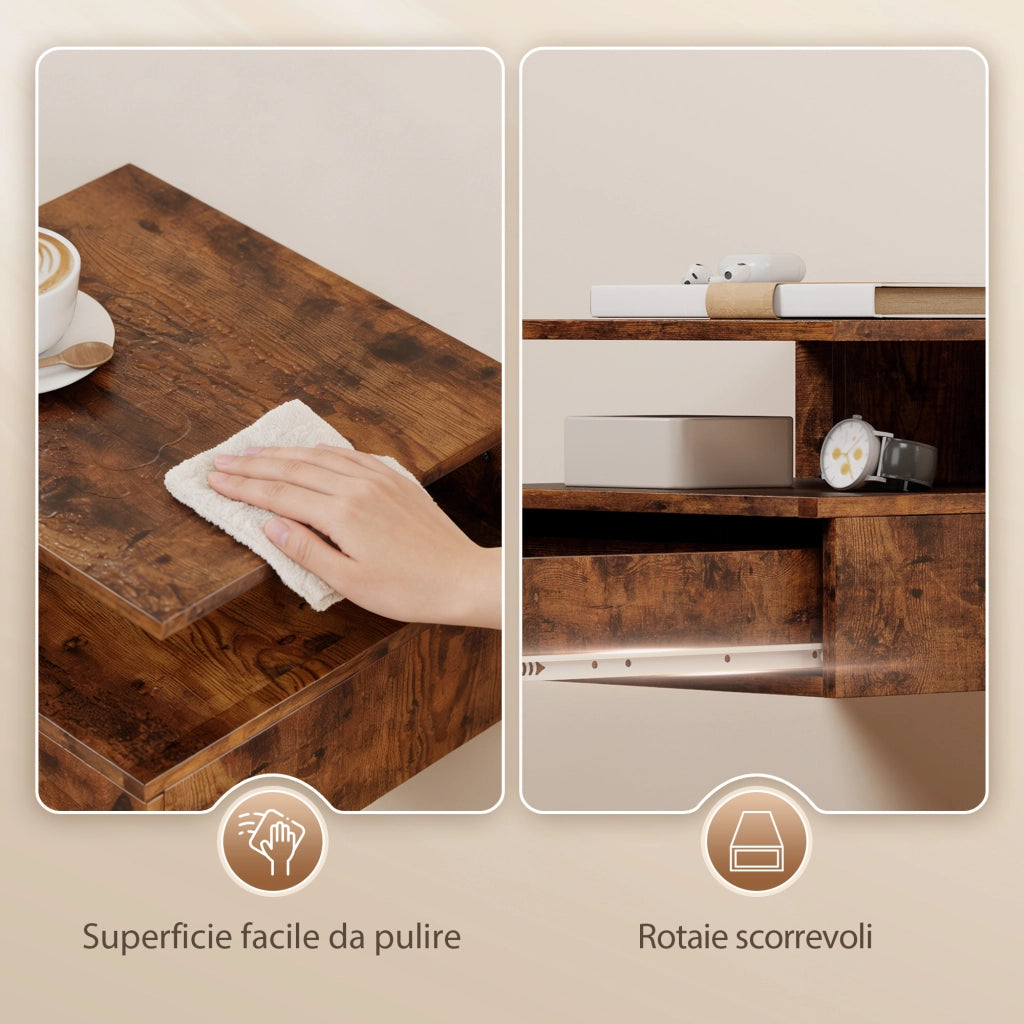 Set di 2 Comodini Sospesi con Cassetto e Mensola Aperta, 35x32x22.5 cm, Marrone Rustico