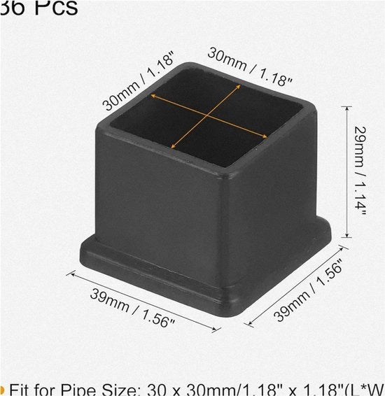 Piedini quadrati per tavolo - PVC - 36 pezzi - Nero - 30 mm x 30 mm