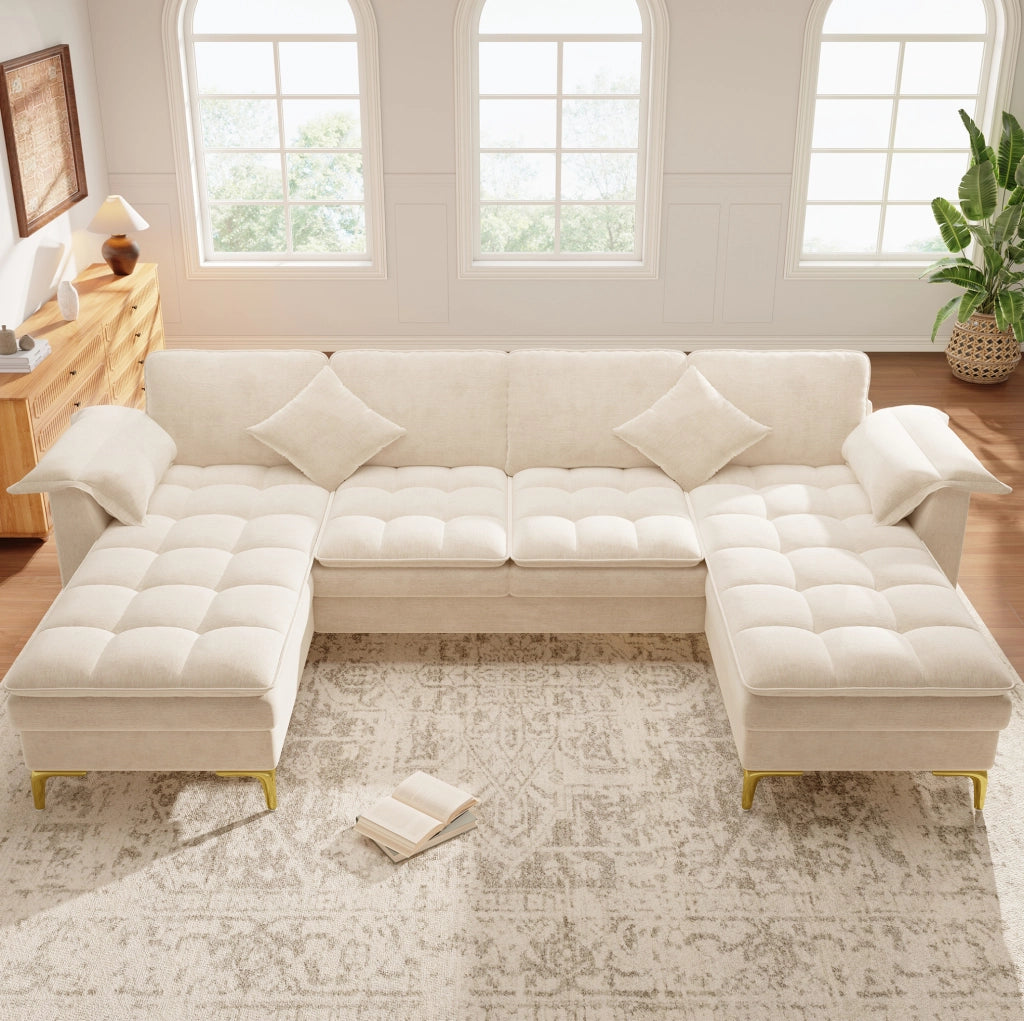 Divano angolare modulare a U per 4-5 persone in ciniglia beige con doppia imbottitura e penisole