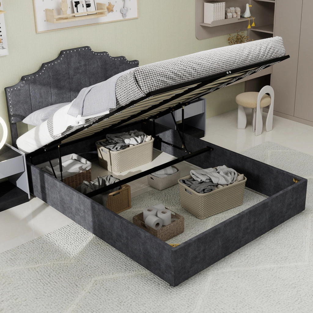 Letto Contenitore Matrimoniale 160x200 cm; con Testiera Geometrica in Tessuto; Grigio