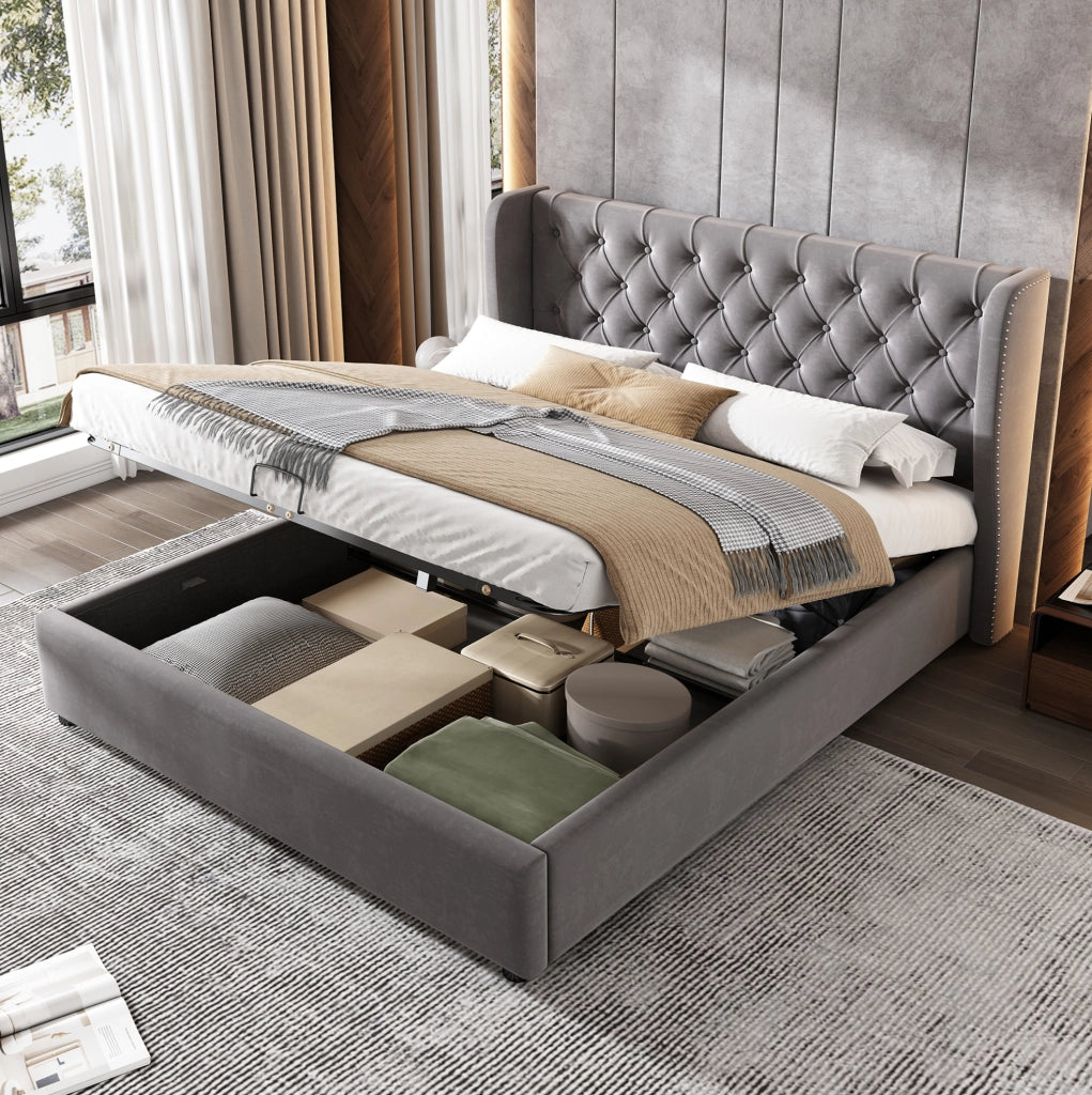 Letto imbottito matrimoniale in velluto grigio con contenitore