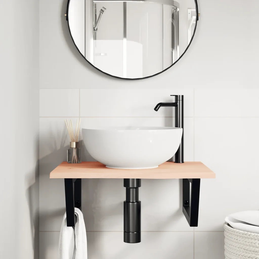 Ripiano a Parete per Lavabo in Acciaio e Massello di Rovere