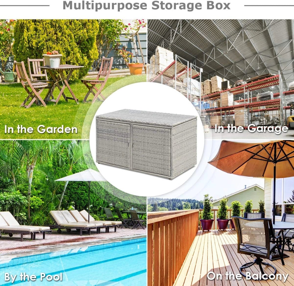 Cassapanca Per Esterni in Metallo e PE Rattan, Ideale Per Tenere in Ordine, 310 L,115 x 60 x 65/120 cm, 2 Colori (Grigio)