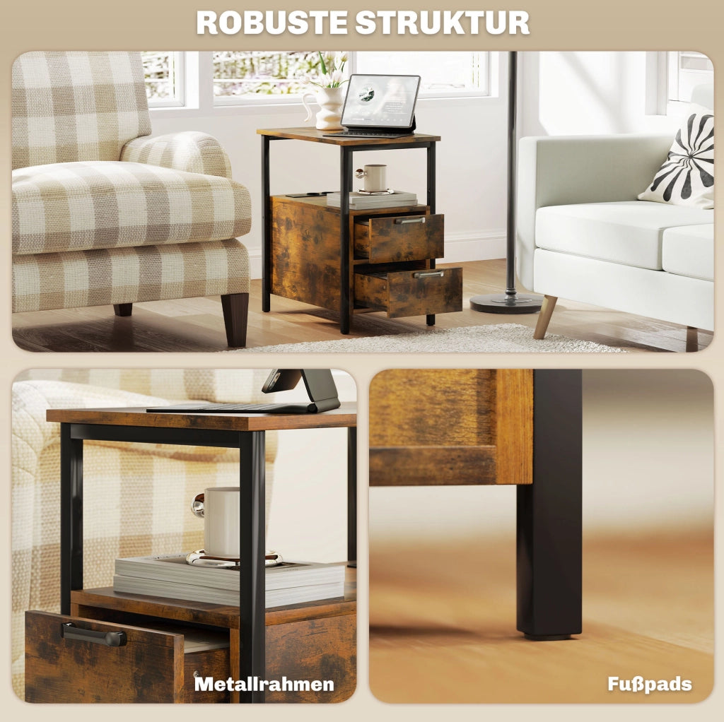 Tavolino laterale ULEVR 55x35x58,5 cm con 2 cassetti, presa USB e Type-C, marrone