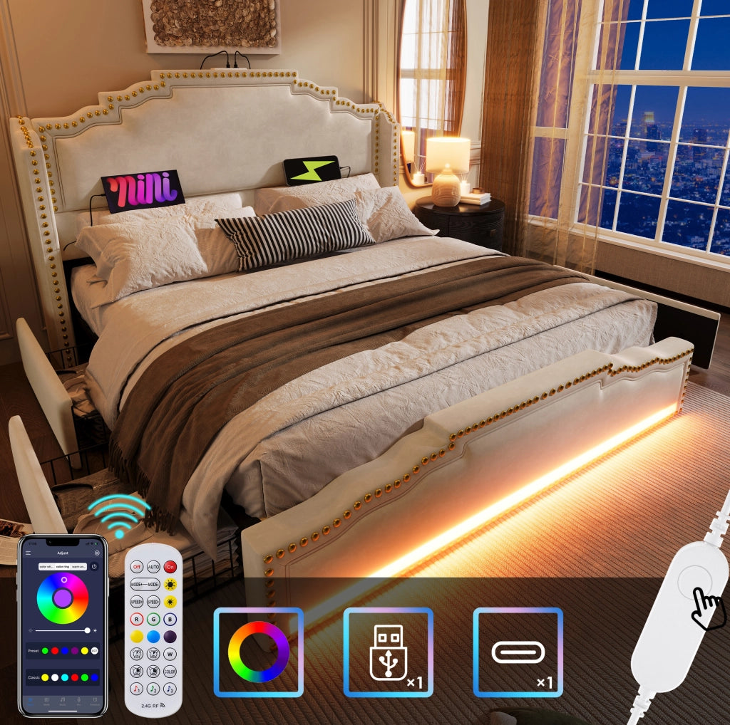 Letto matrimoniale imbottito 140x200 cm in velluto beige con 4 cassetti; LED e USB-C
