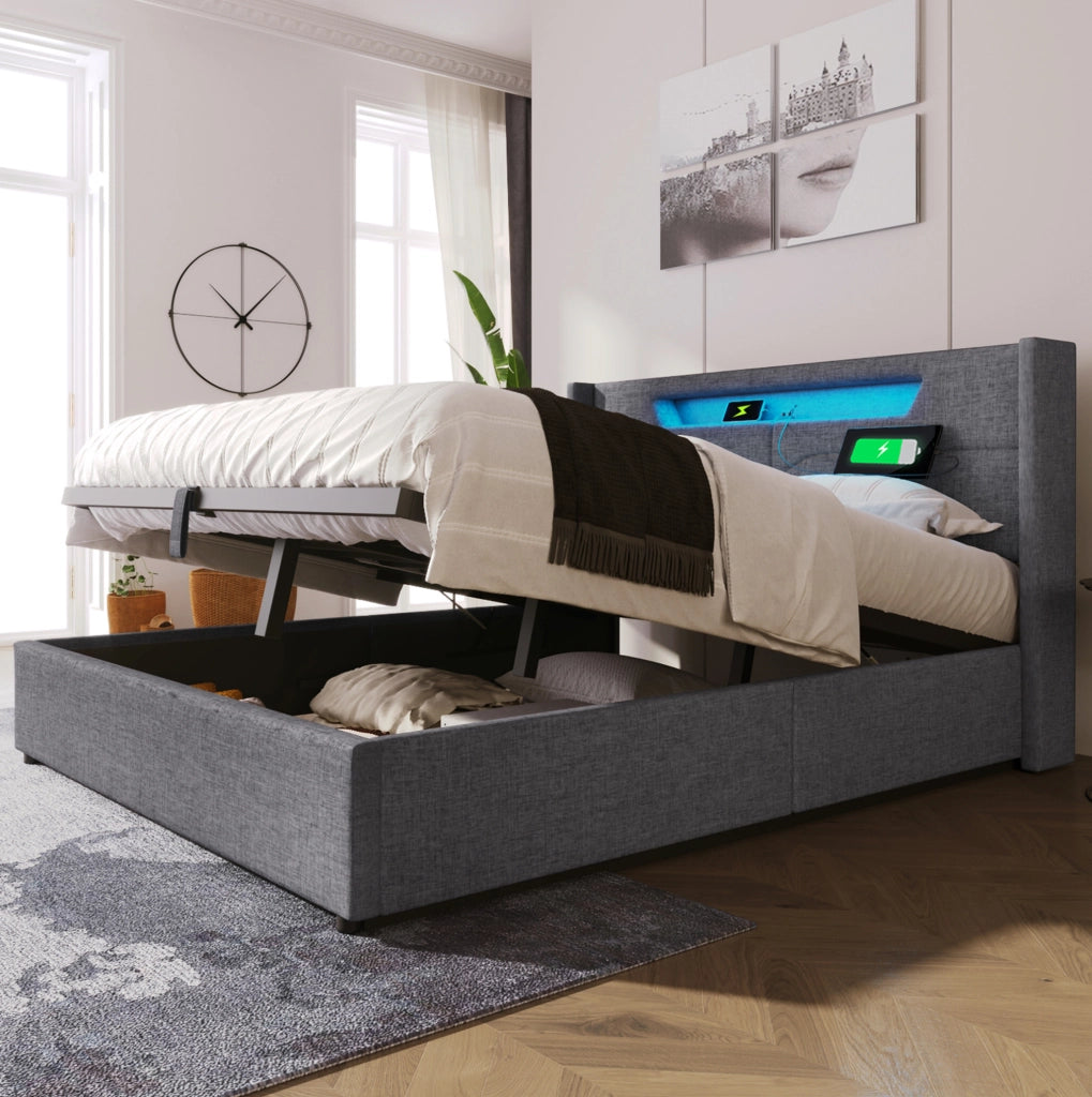 Letto matrimoniale 140x200 cm in tessuto lino grigio con LED; USB e contenitore