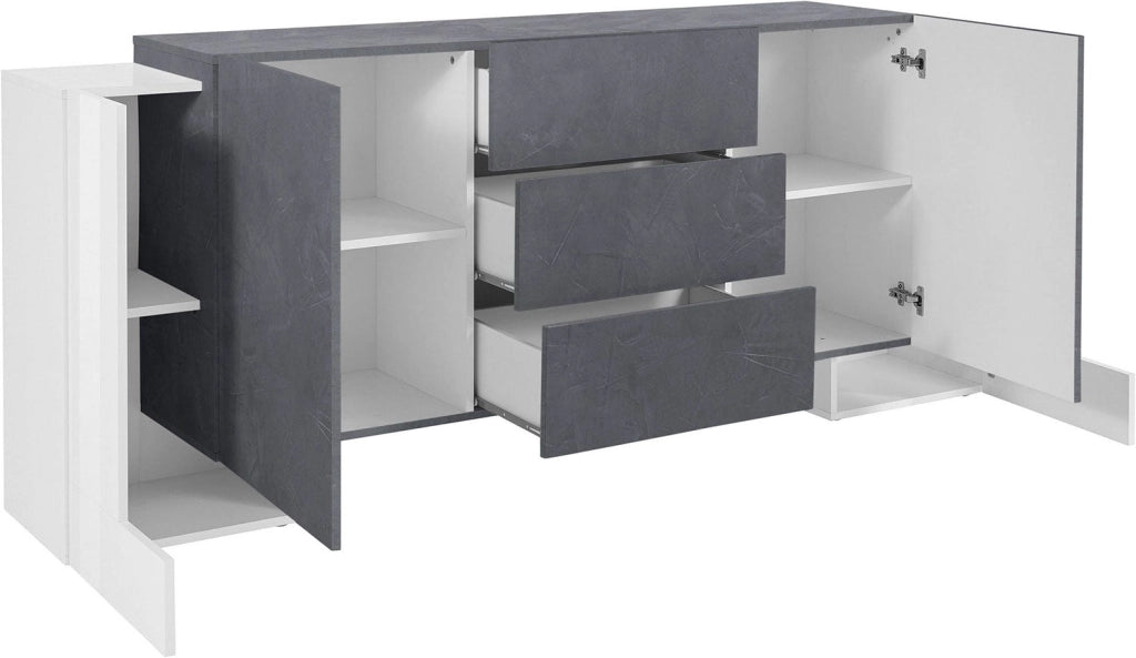 Credenza con 4 Ante e 3 Cassetti 210x45x85 cm Pillon Side 4A 3C Bianco Lucido/Report Grigio