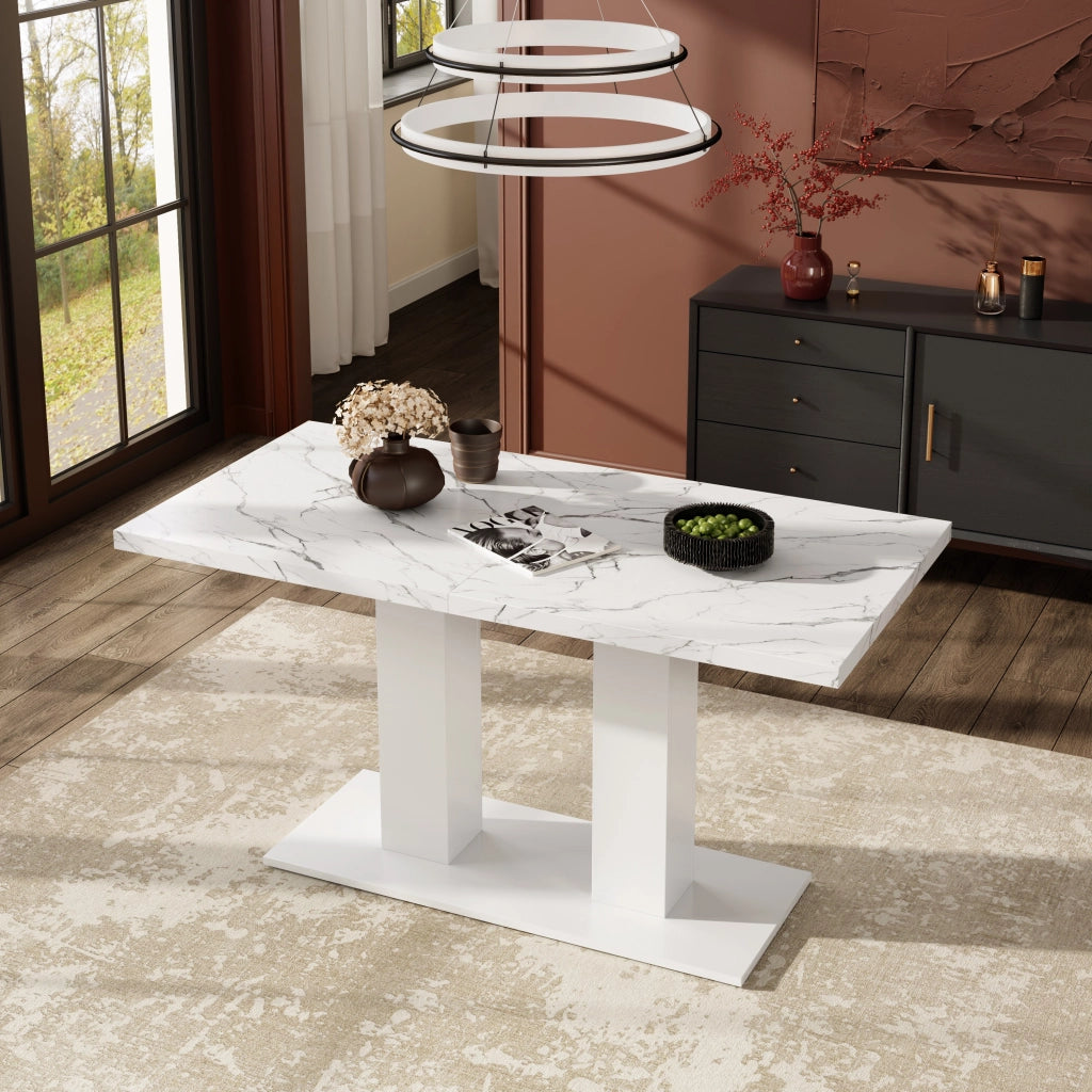 Tavolo allungabile, 140/180 × 70 cm, per 6-8 persone, effetto marmo, bianco