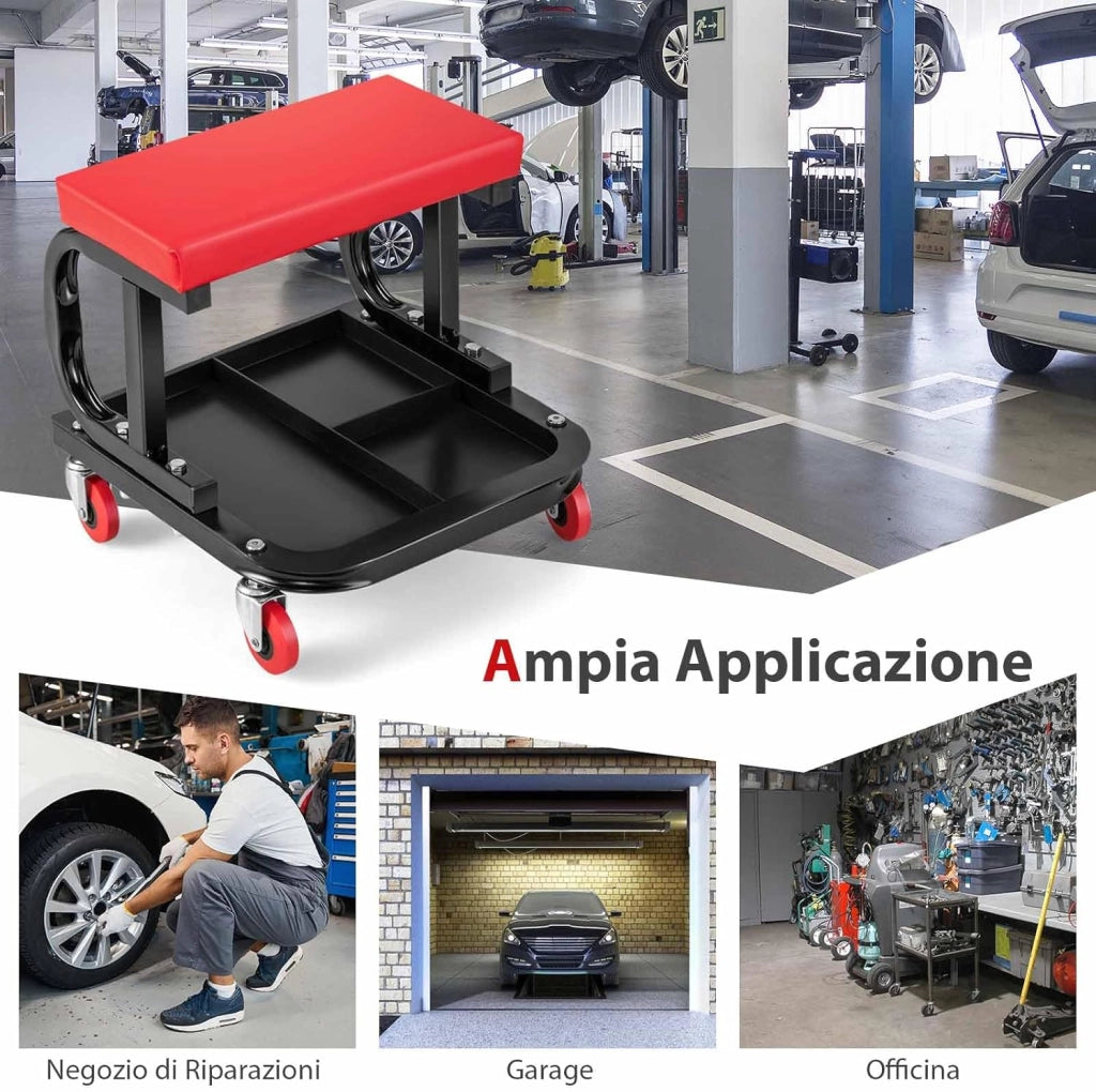 Sgabello da Officina con Ruote, Sgabello da Meccanico con Sedile Imbottito e Vassoio Porta Attrezzi, capacità di Carico 150 kg