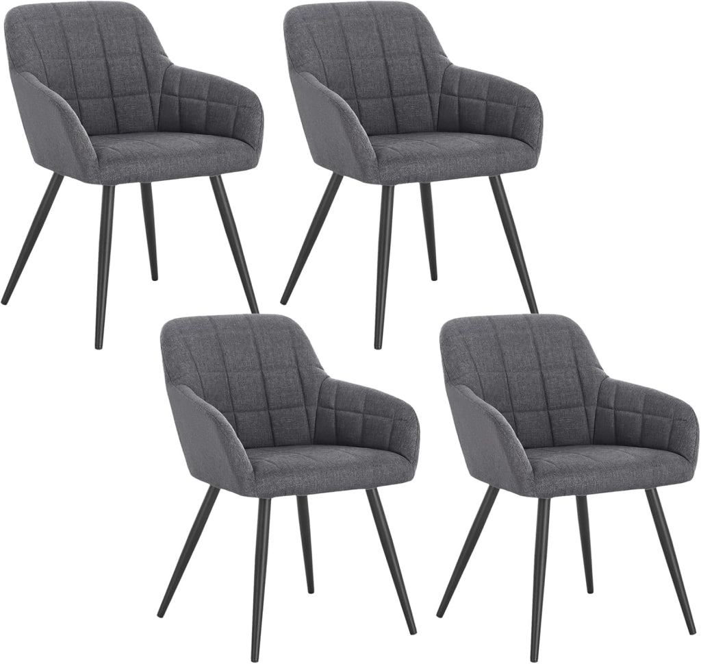 WOLTU Set di 4 Sedie per Sala da Pranzo Imbottita, Poltroncina in Stoffa Lino,Sedia da Cucina con Braccioli e Schienale, Gambe in Metallo, moderne,Grigio Scuro, BH107dgr-4