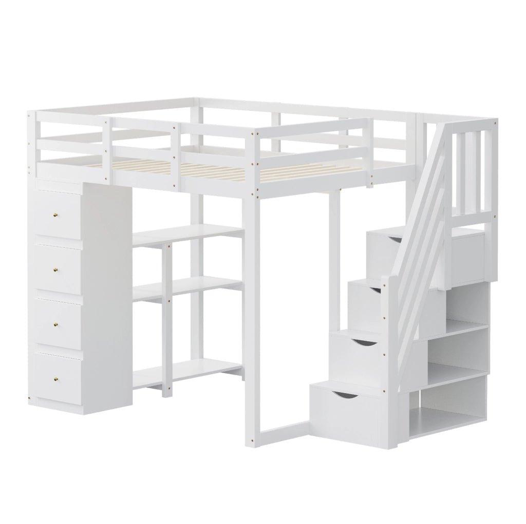 Letto a soppalco 140x200 cm bianco con scala e cassetti