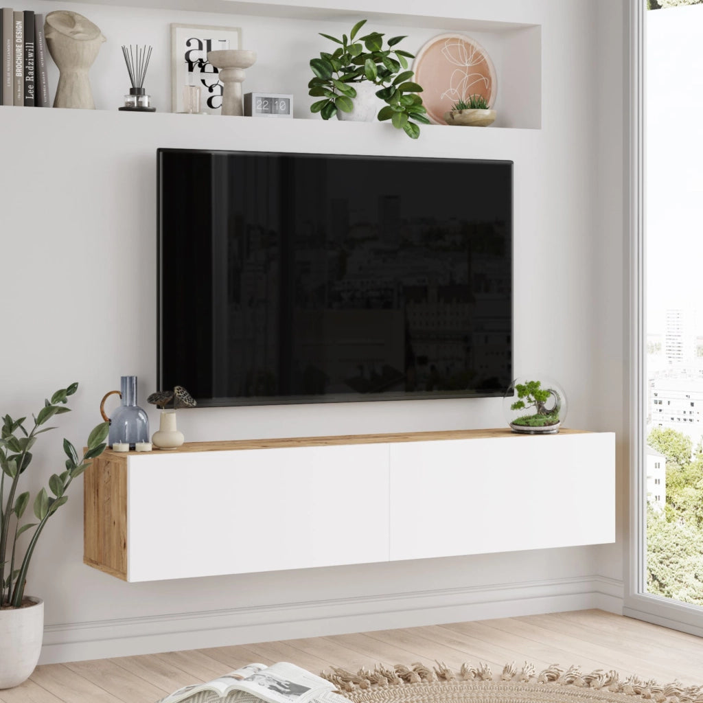 Mobile Porta TV Lapinlahti con 2 Ante a Ribalta Consolle da Parete 140 cm - Rovere Rustico/Bianco [en.casa]