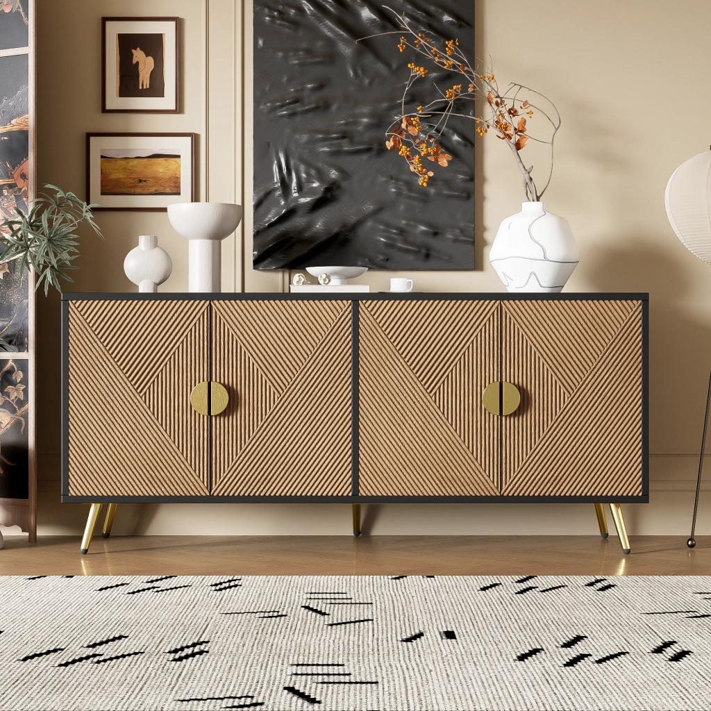 Credenza 160 cm a 4 ante in MDF e PB, nero e effetto legno, con maniglie oro spazzolato e chiusura soft-close