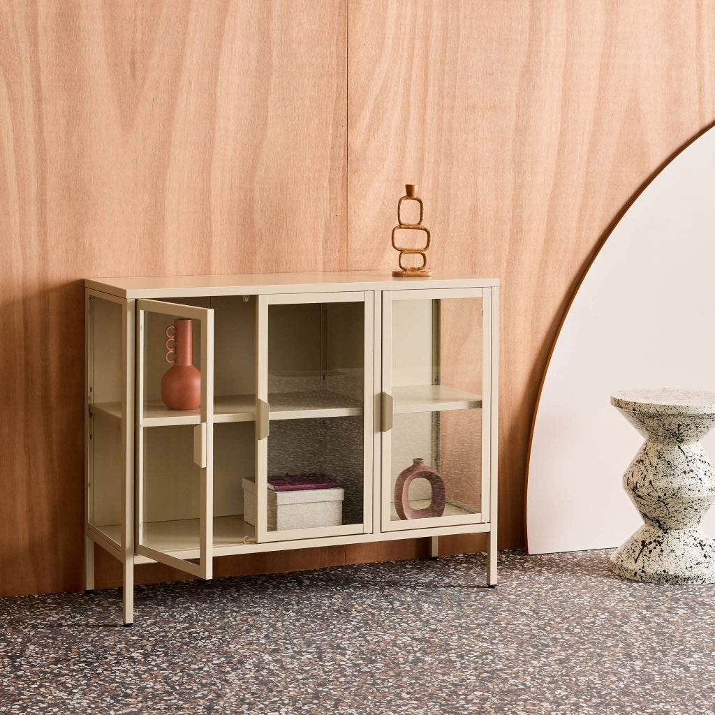 Credenza industriale in metallo e vetro temperato 3 ante, 100cm