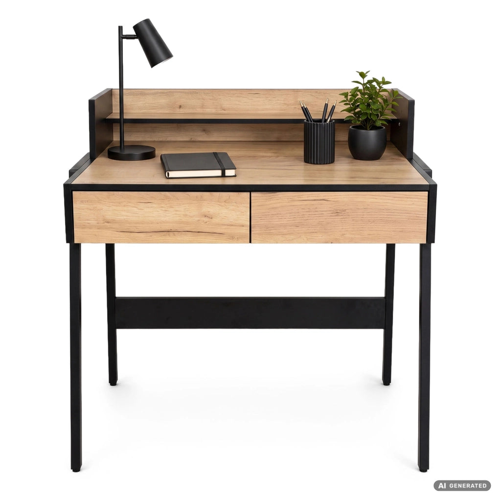 Scrivania industriale per computer Rovere Craft FLUX 78 cm 2 cassetti 1 ripiano gambe nere