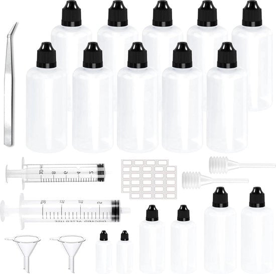 Bottiglie liquide a gocce da 100 ml - 25 pezzi, con tappo a chiusura sicura per bambini e imbuto, con etichetta, cucchiaio di misura e siringa di trasferimento - Dispensazione efficiente
