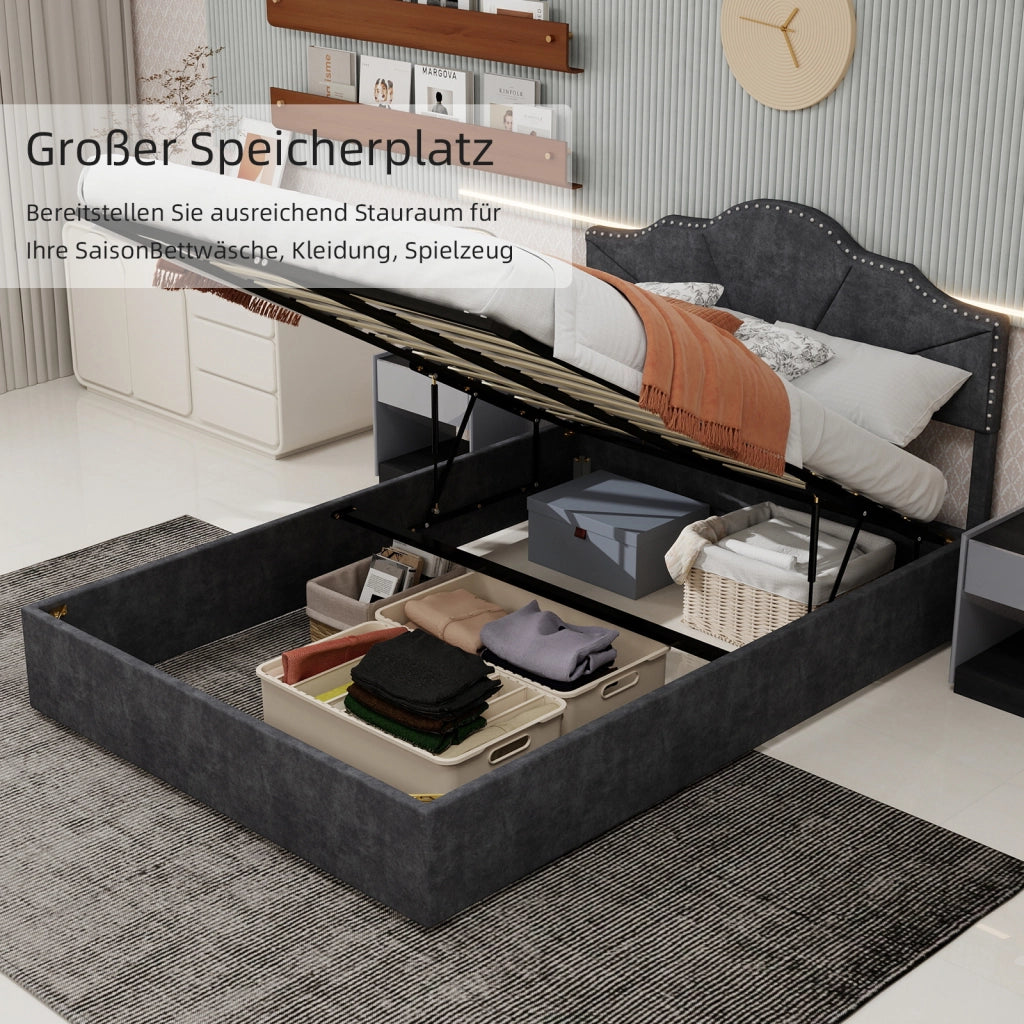 Letto Contenitore 160 x 200 cm con Testiera Geometrica e Rete a Doghe in Grigio