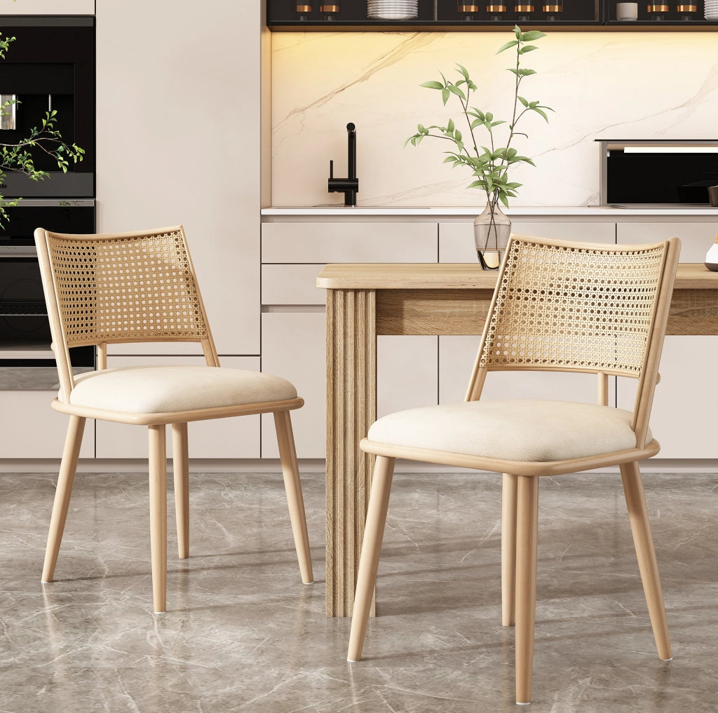 Set di 2 sedie da pranzo con seduta in PU e schienale in rattan; beige