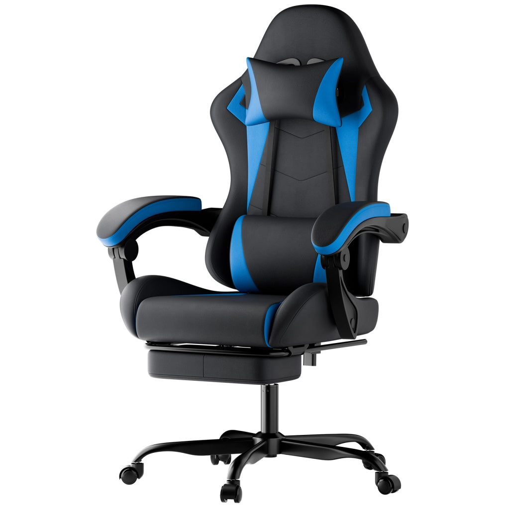 Sedia da gaming ergonomica con poggiatesta; supporto lombare e poggiapiedi retrattile; nero blu