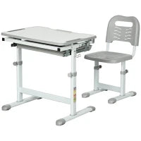 Banco Scuola per Bambini 6-12 Anni con Sedia e Altezza Regolabile, Piano Inclinabile, 66x47x52-77 cm, Grigio