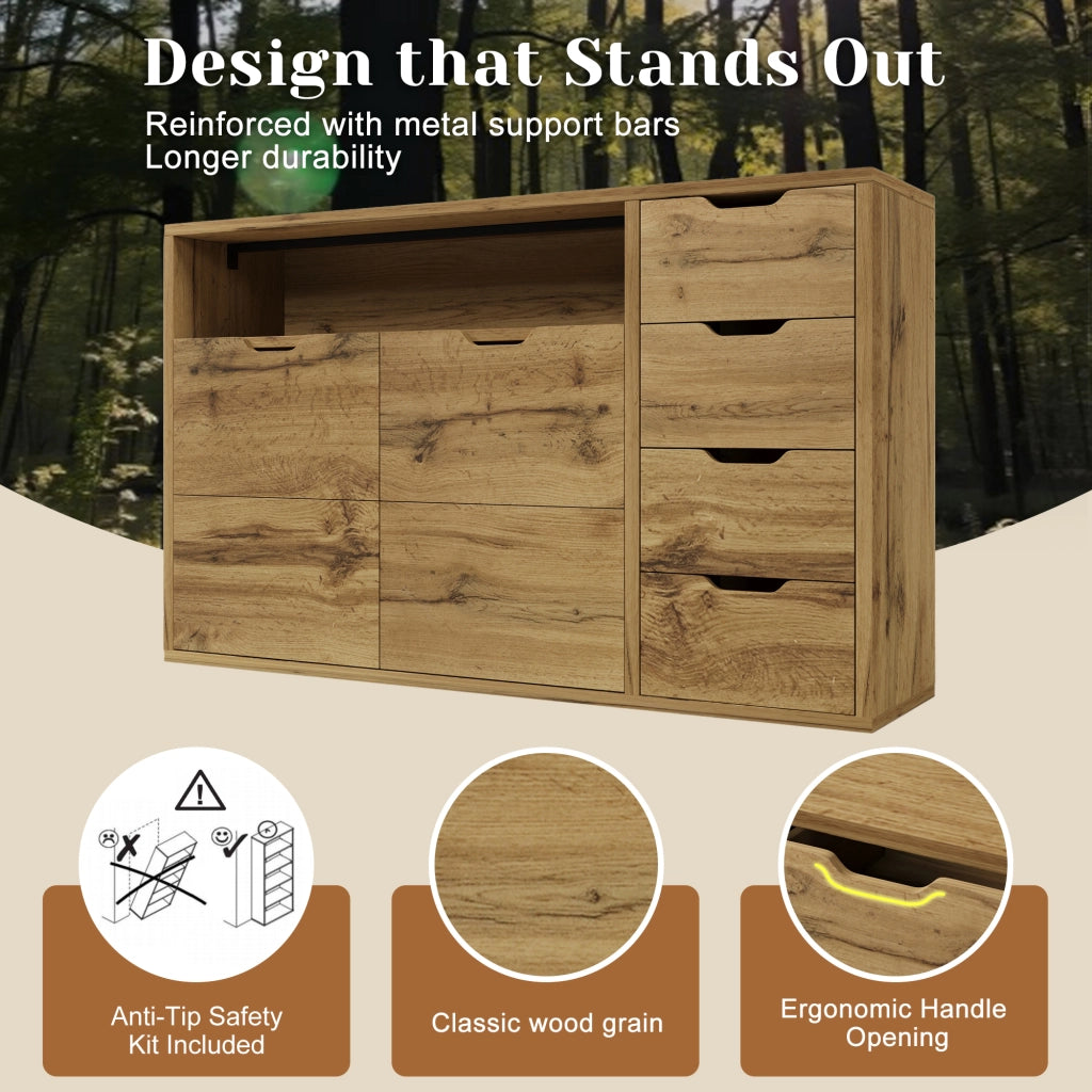 Credenza con 2 Ante; 4 Cassetti e Vano Aperto; Ripiani Regolabili; in MDF e Metallo; Rovere; 150??40??90 cm