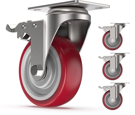 Set di 4 ruote inclinabili 100 mm, ruote inclinabili con freno, ruote per letto e mobili, carico massimo di 400 kg, colore rosso scuro