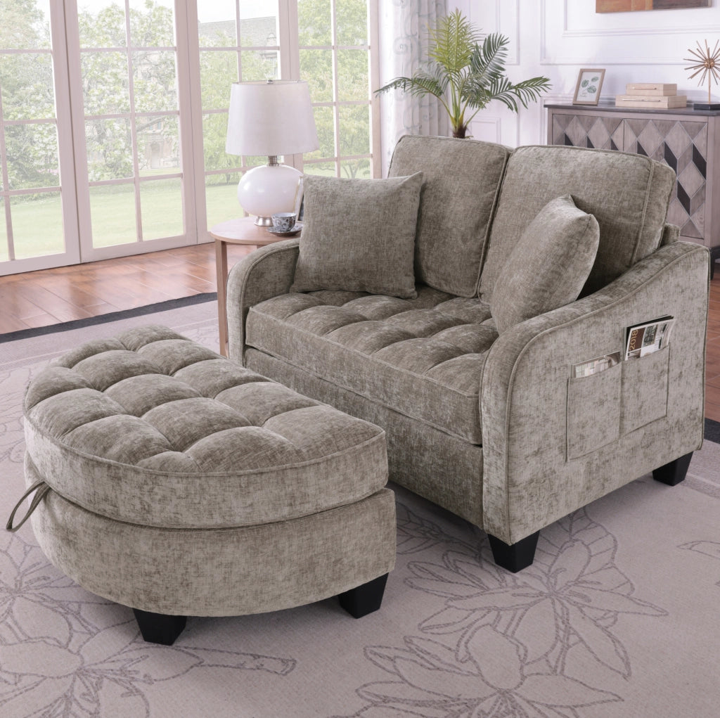 Divano letto 2 in 1 con pouf contenitore; 132x129x93 cm; eucalipto; marrone