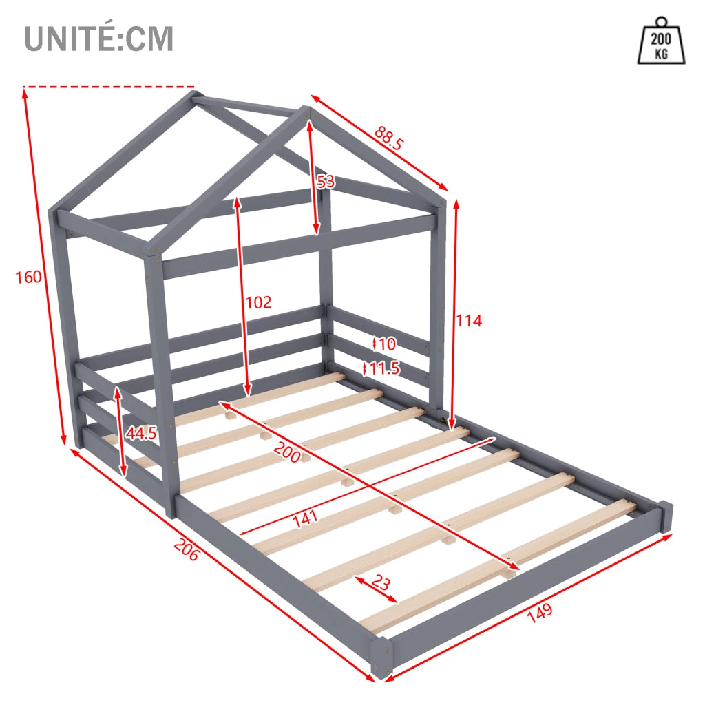 OKWISH Letto a Casetta 140×200 cm, Letto Matrimoniale con Rete a Doghe, senza Materasso, in Pino e MDF, Grigio