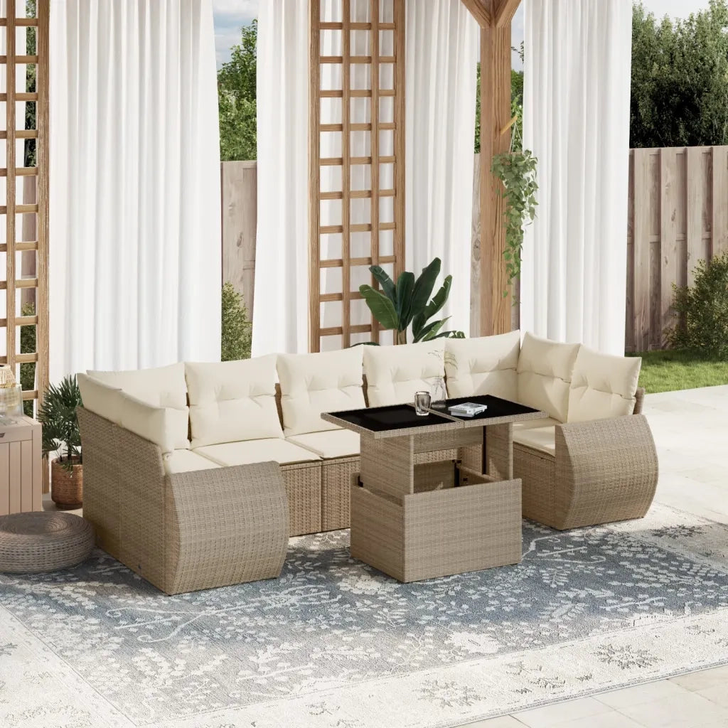 Set Divano da Giardino 8 pz con Cuscini Beige in Polyrattan