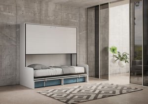 Letto Doppio A Scomparsa Kando Con Divano Bianco Frassino e Azzurro