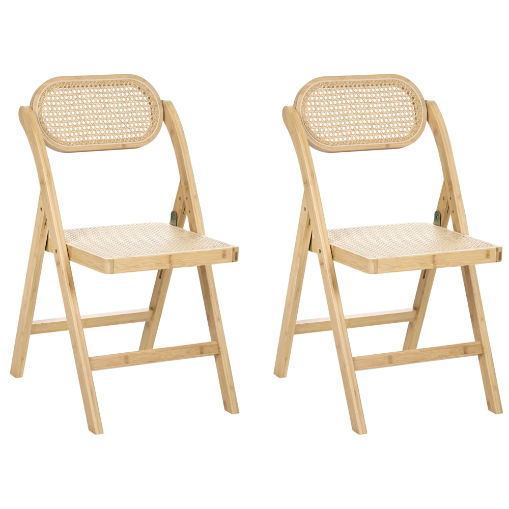 Set di 2 sedie da pranzo in legno di bambù marrone chiaro e rattan PE pieghevoli in stile boho per cucina e sala da pranzo