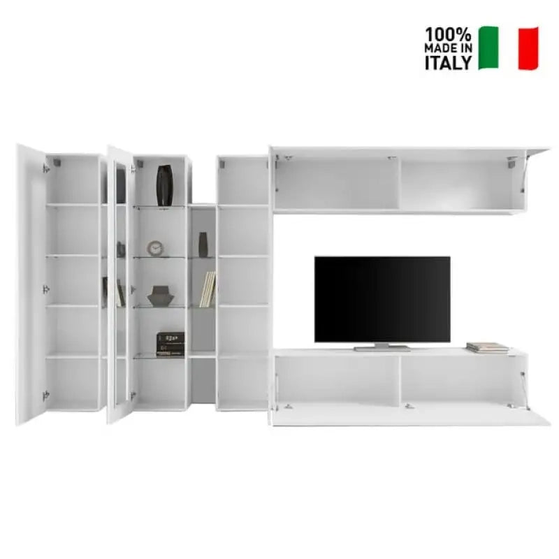 Parete attrezzata bianco lucido mobile TV vetrina 2 colonne pensile Joy Wide